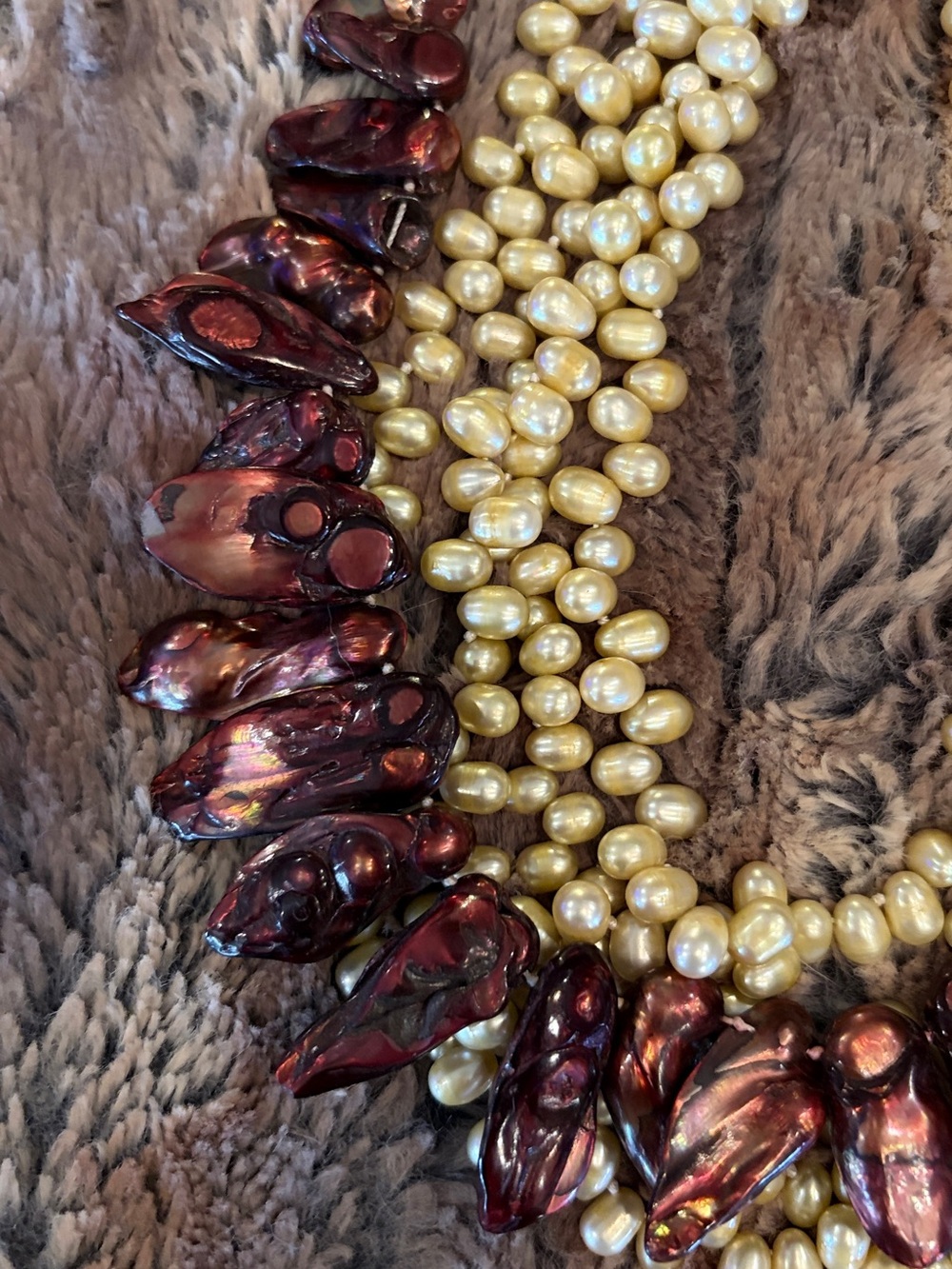 Handcrafted Yellow Pearl Necklace with Brown Iridescent Shell Accents